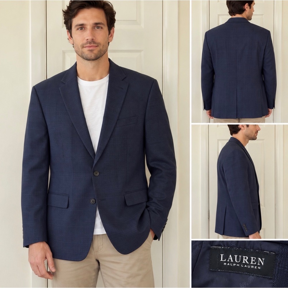 Ralph Lauren Men 50L Navy Blue Plaid Wool Blend Stretch Blazer Jacket Windowpane
